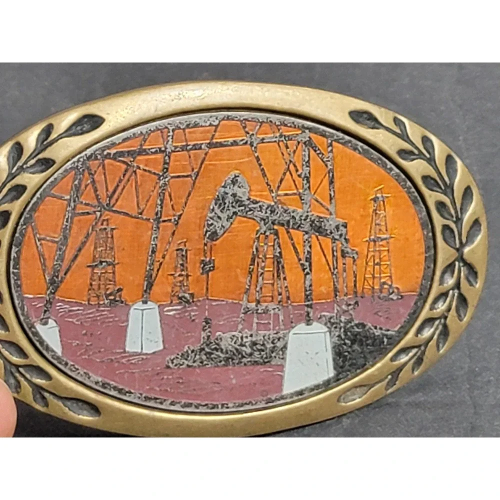 Vtg 1980 Belt Buckle‎ Oil Field Solid Brass Aminco Heritage Buckles Enamel Inlay